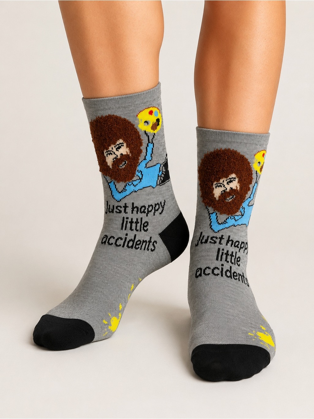 Bob Ross Gray Crew Socks - 'Just Happy Little Accidents' NWT